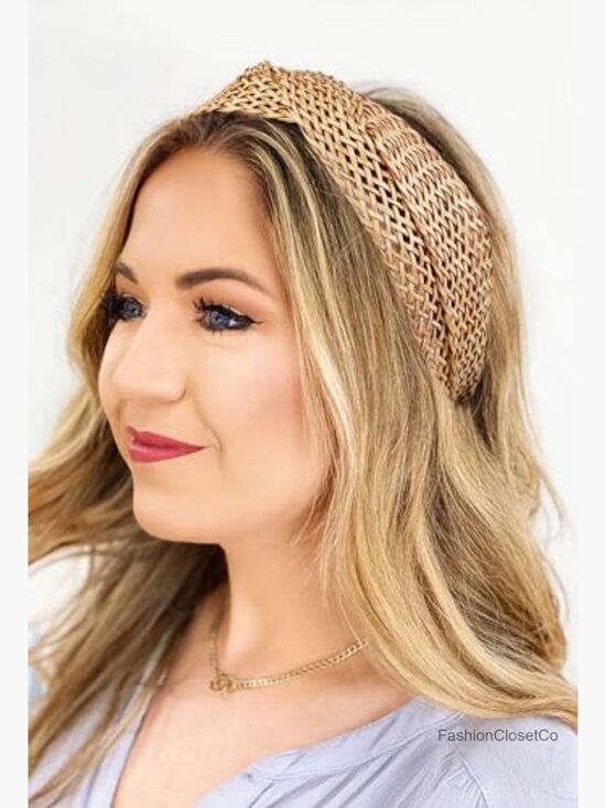 2 Pack Woven Straw Twist Hairbands Boho Non Slip Wide Headbands main image 5